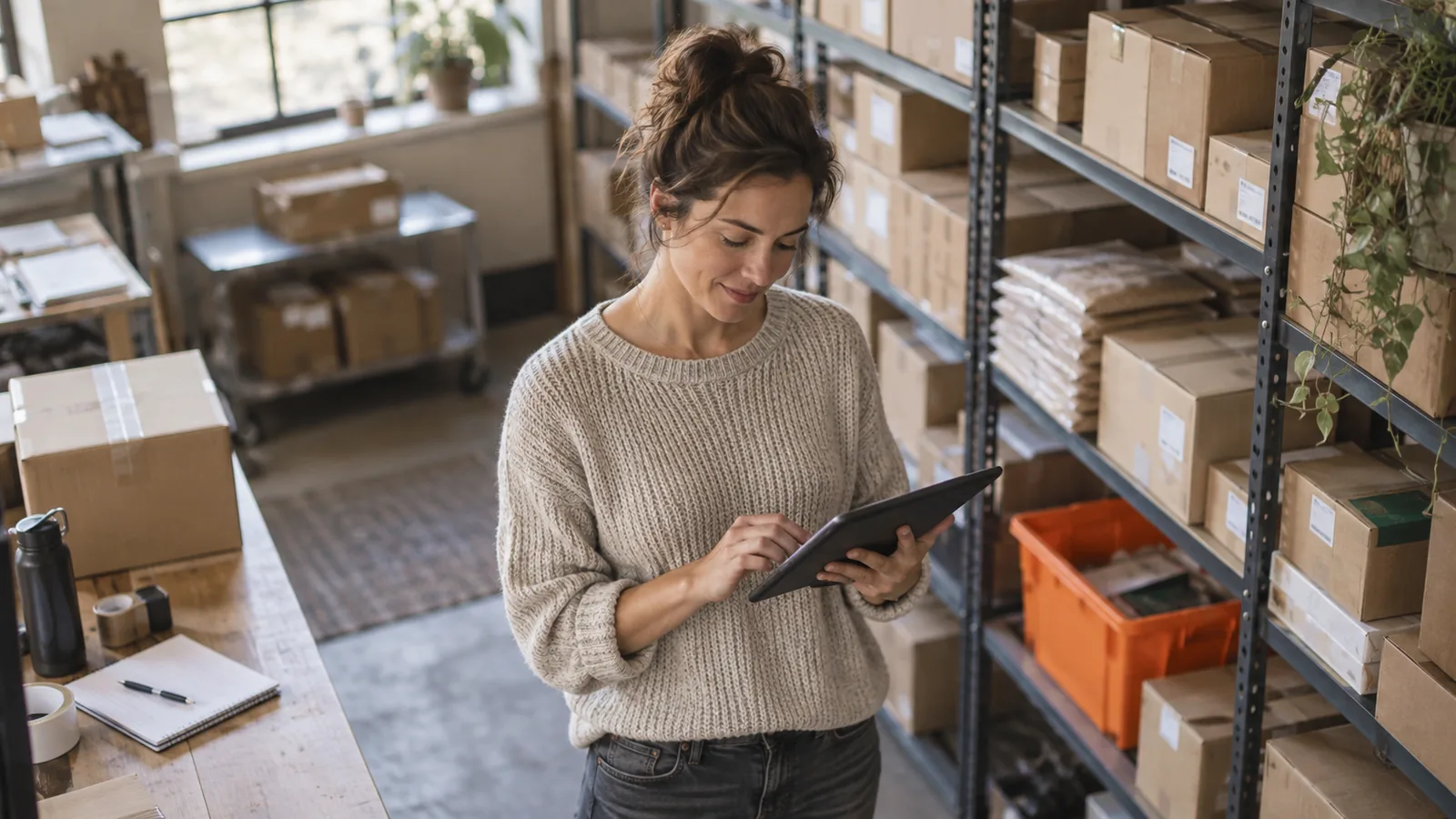 An ecommerce operator checking inventory in a warehouse