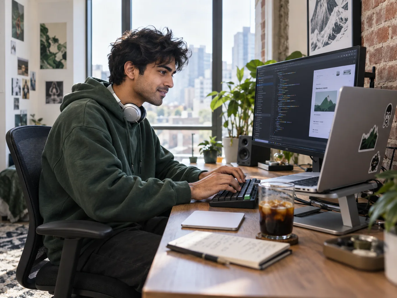 A man in a hoodie types at a keyboard in a home office, a code editor open on the monitor beside him, an iced coffee and a handwritten notebook on the desk.
