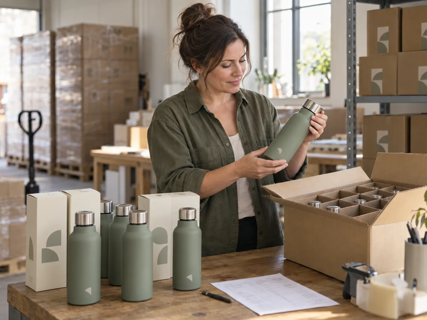 A woman holds up a stainless steel water bottle next to a partitioned carton of the same bottles, with printed boxes, packaging sleeves and a printed list on the workbench.