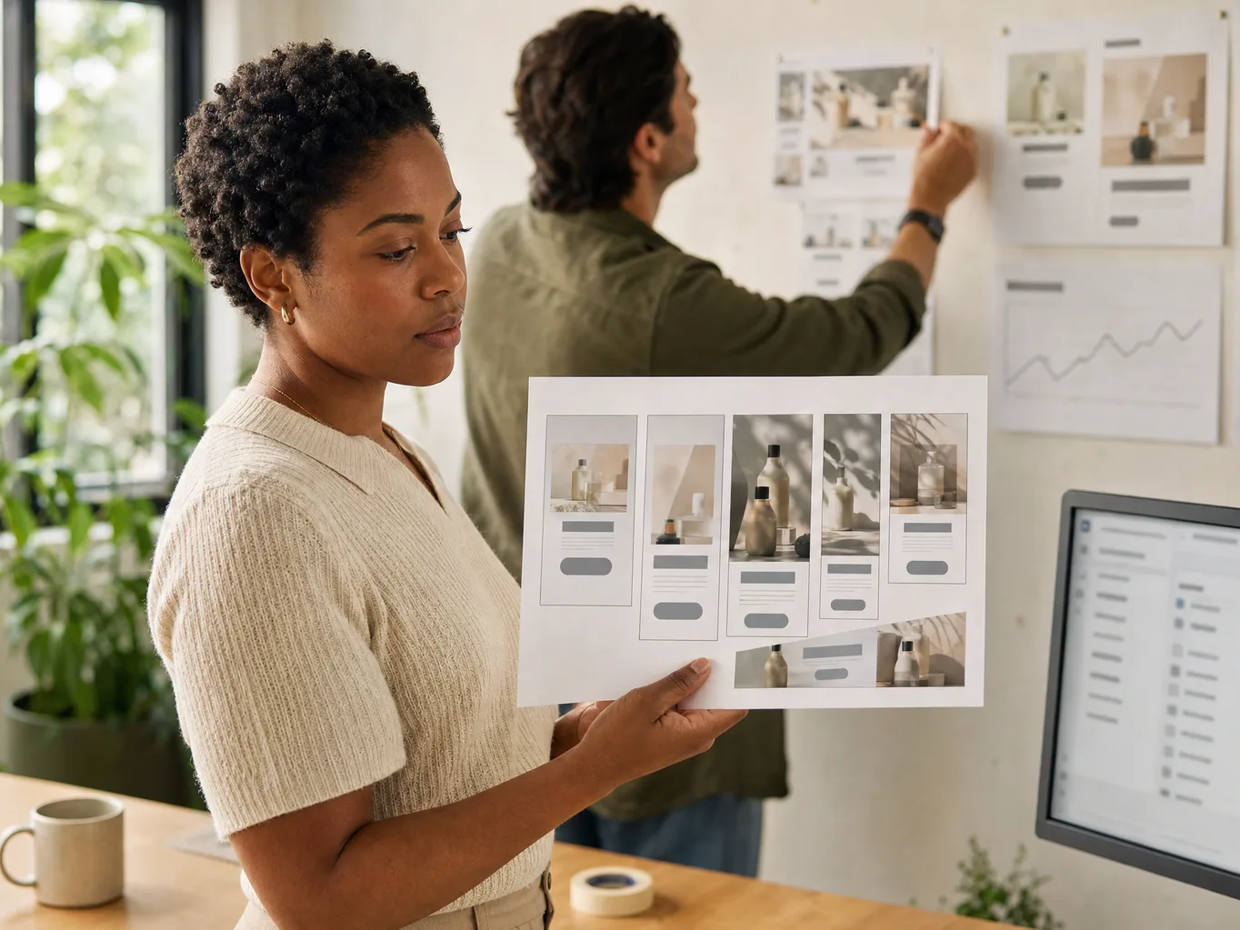 A woman holds a printed sheet of campaign layouts while a colleague pins more layout sheets and a printed line chart to the wall behind her.