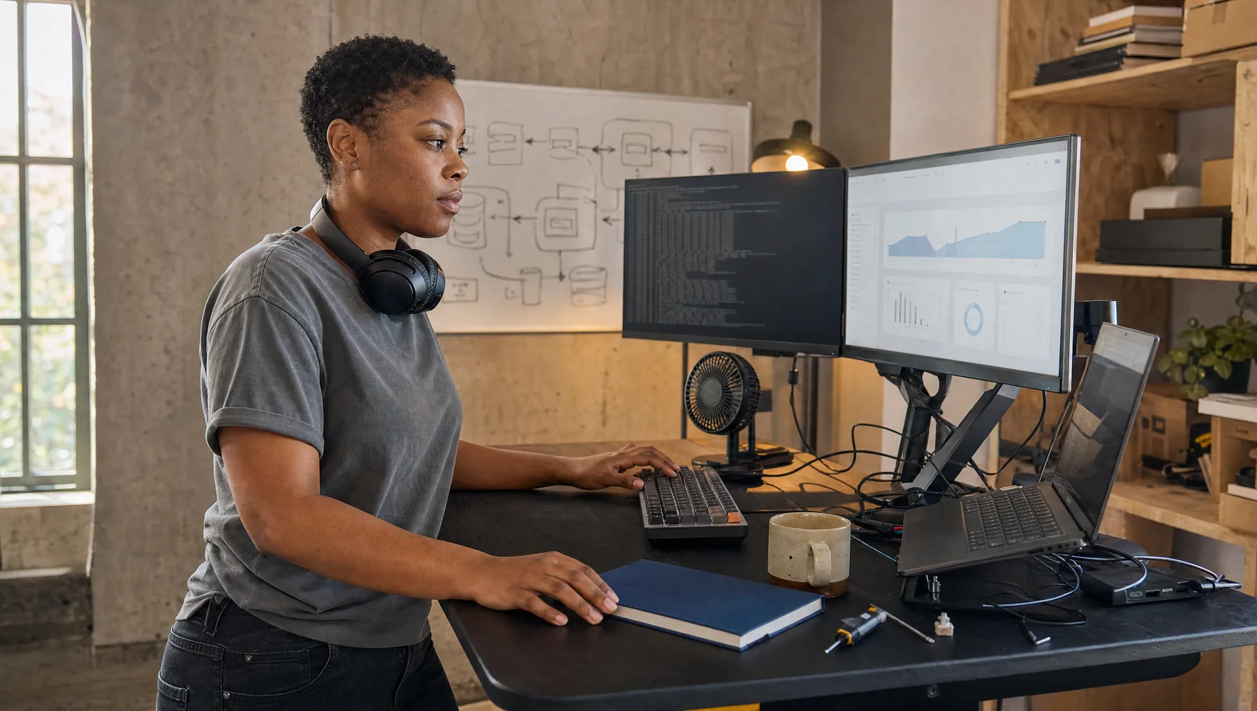 A woman stands at a standing desk with one hand on a mechanical keyboard, a terminal open on one monitor and a dashboard on the other, an architecture whiteboard on the wall behind her, and an ink-blue notebook under her other hand on the desk.