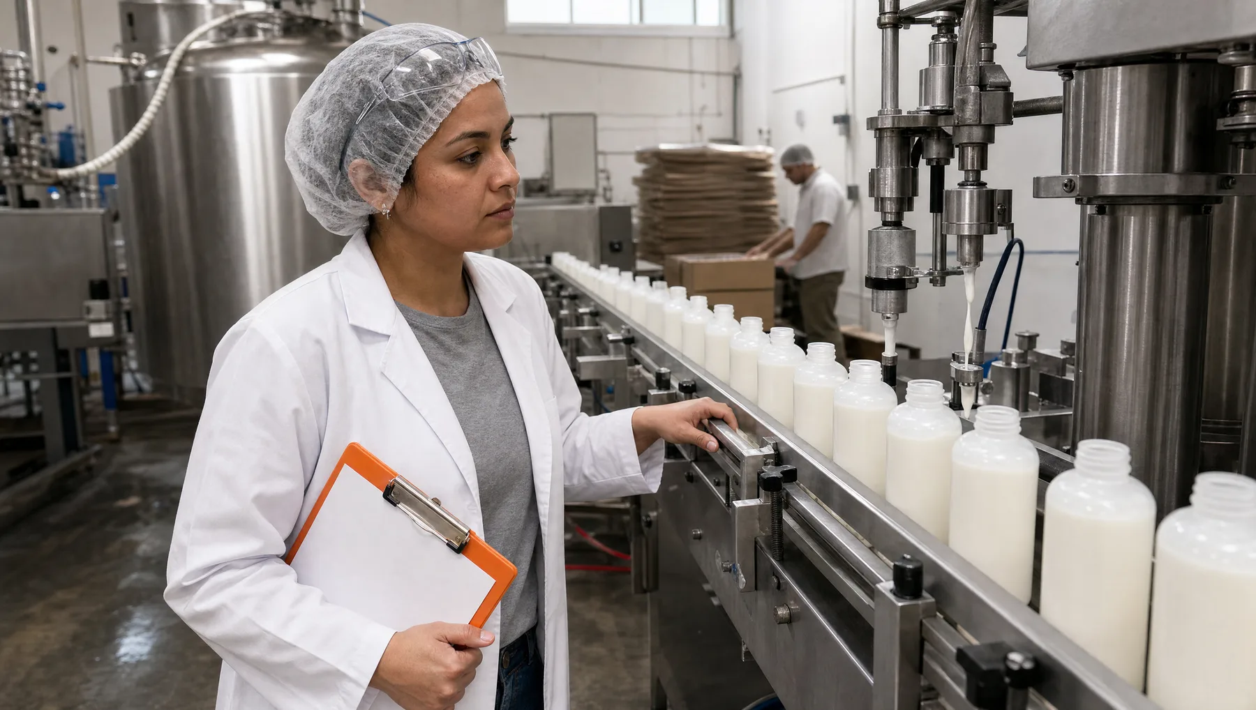 A brand owner in a hairnet and white lab coat rests one hand on the rail of a copacker filling line, watching white lotion run into a row of unlabeled bottles, an orange clipboard tucked at her hip and stainless tanks behind her.
