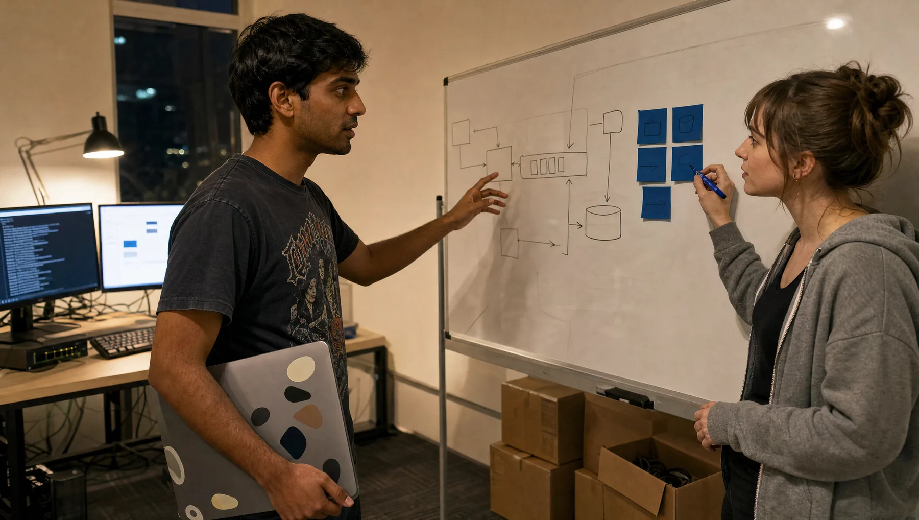 Two co-founders stand at a whiteboard in an office in the evening, one gesturing at an architecture diagram with a sticker-covered laptop tucked under his arm, the other writing with an ink-blue marker beside a block of ink-blue sticky notes.