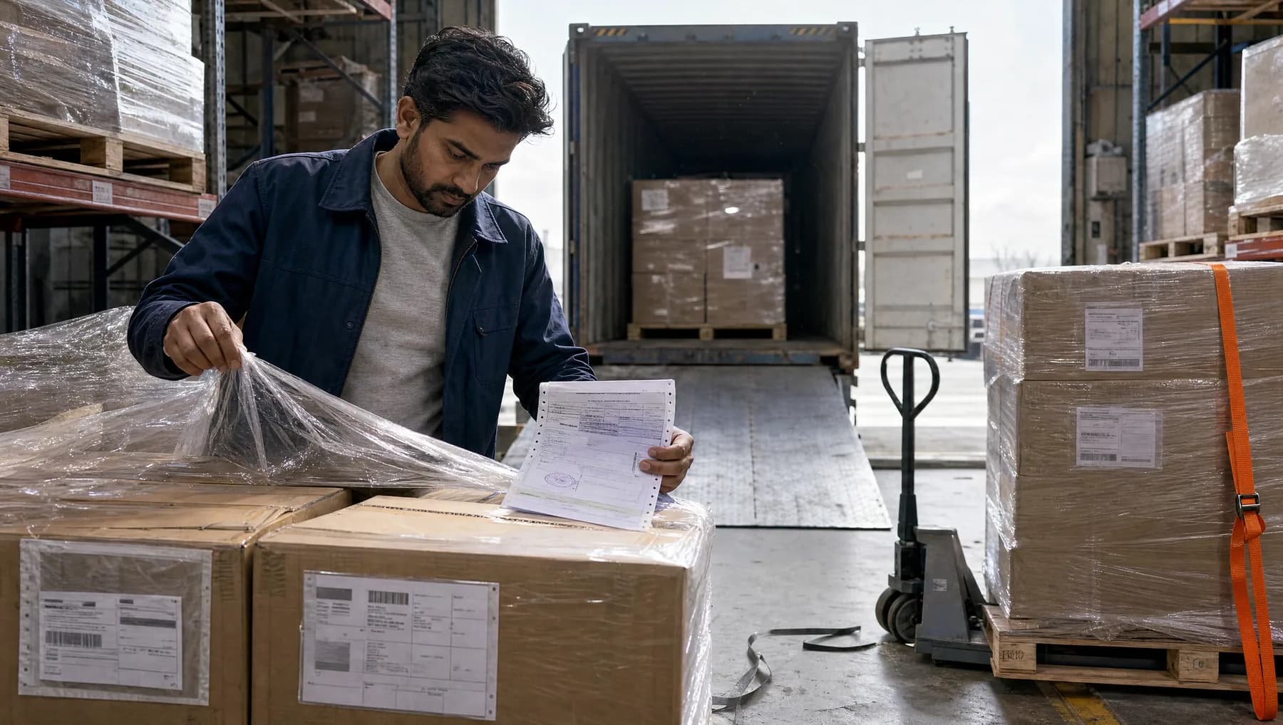 A seller at a warehouse container bay pulls the shrink wrap off a freshly landed pallet with customs paperwork in his other hand, an open shipping container behind him and an orange strapping band around the next pallet.