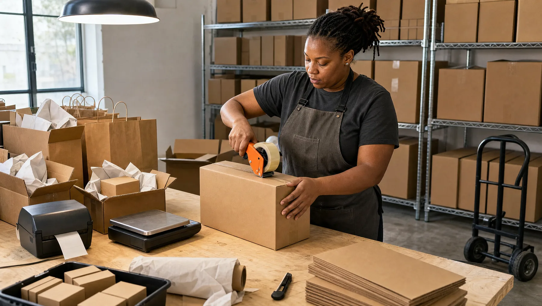 A reseller in a work apron runs an orange tape gun down a plain shipping carton at a wooden packing bench, opened retail bags and boxes on the bench beside her and shelves of sealed cartons behind.