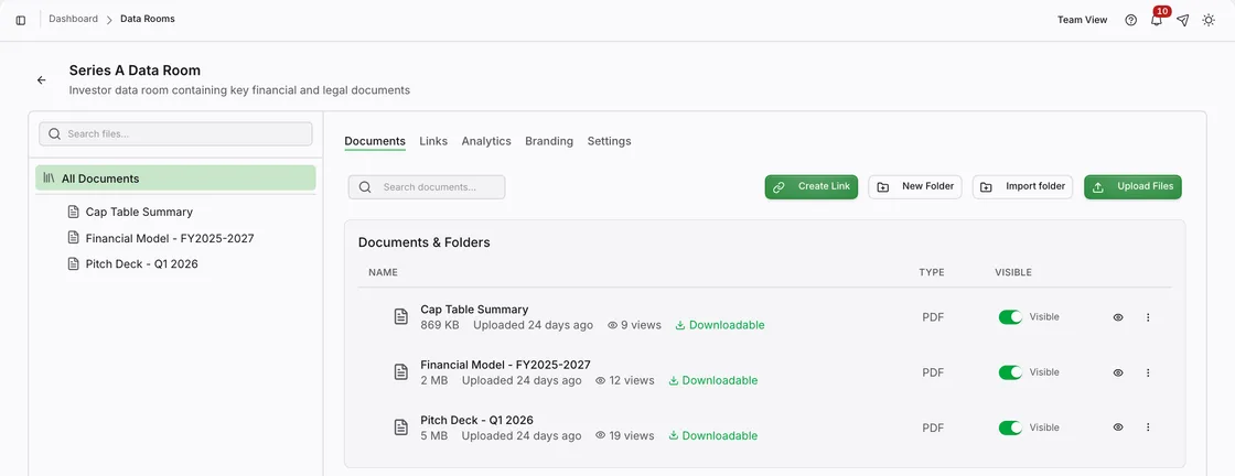 Series A data room listing documents with size, upload date, view count, download state, and visibility toggles.