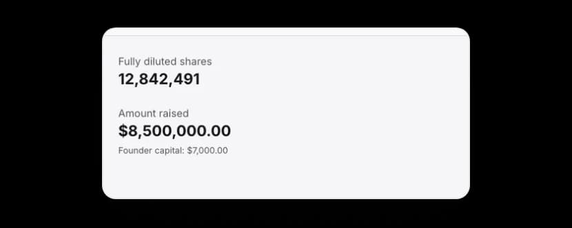 An ownership panel reading 12,842,491 fully diluted shares and $8,500,000.00 raised, with founder capital of $7,000.00 beneath it, beside a donut chart labeled ownership and fully diluted shares and divided into two holdings.