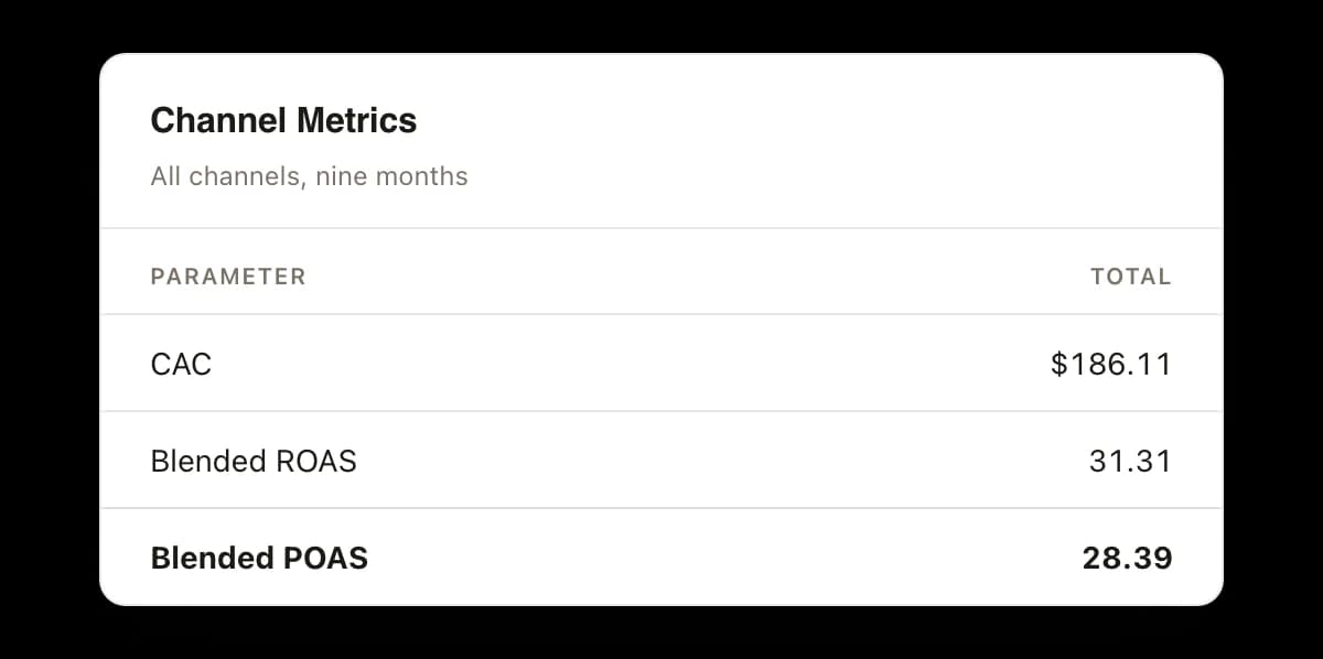 A channel metrics panel covering all channels over nine months: customer acquisition cost of $186.11, blended ROAS of 31.31 and blended POAS of 28.39.