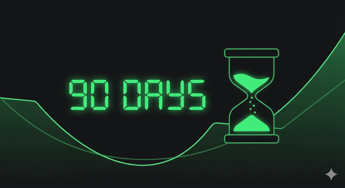 90-day countdown timer representing startup cash crunch with financial recovery trajectory