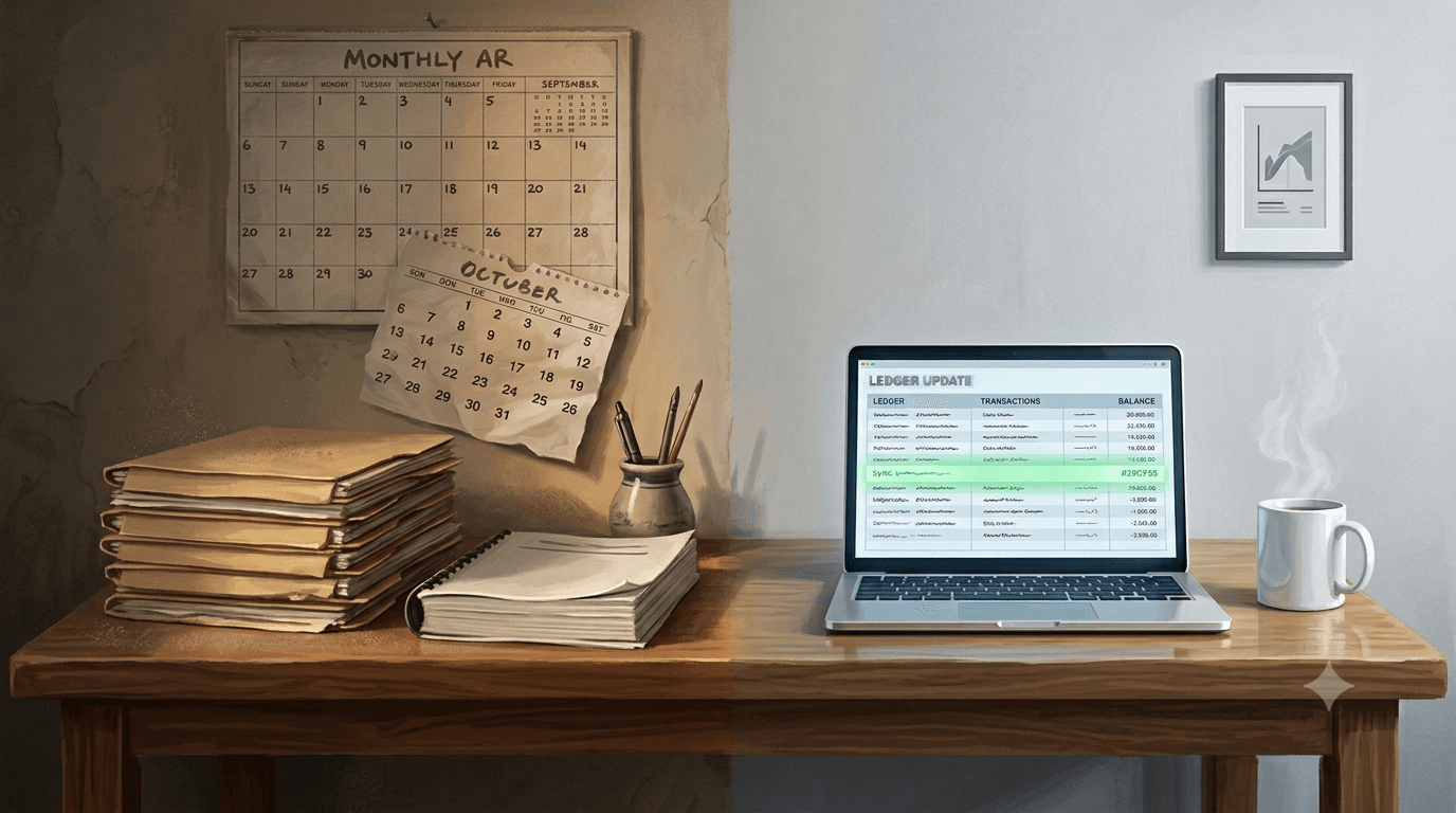 Founder comparing a printed monthly bookkeeping report against a live AI-maintained ledger on screen