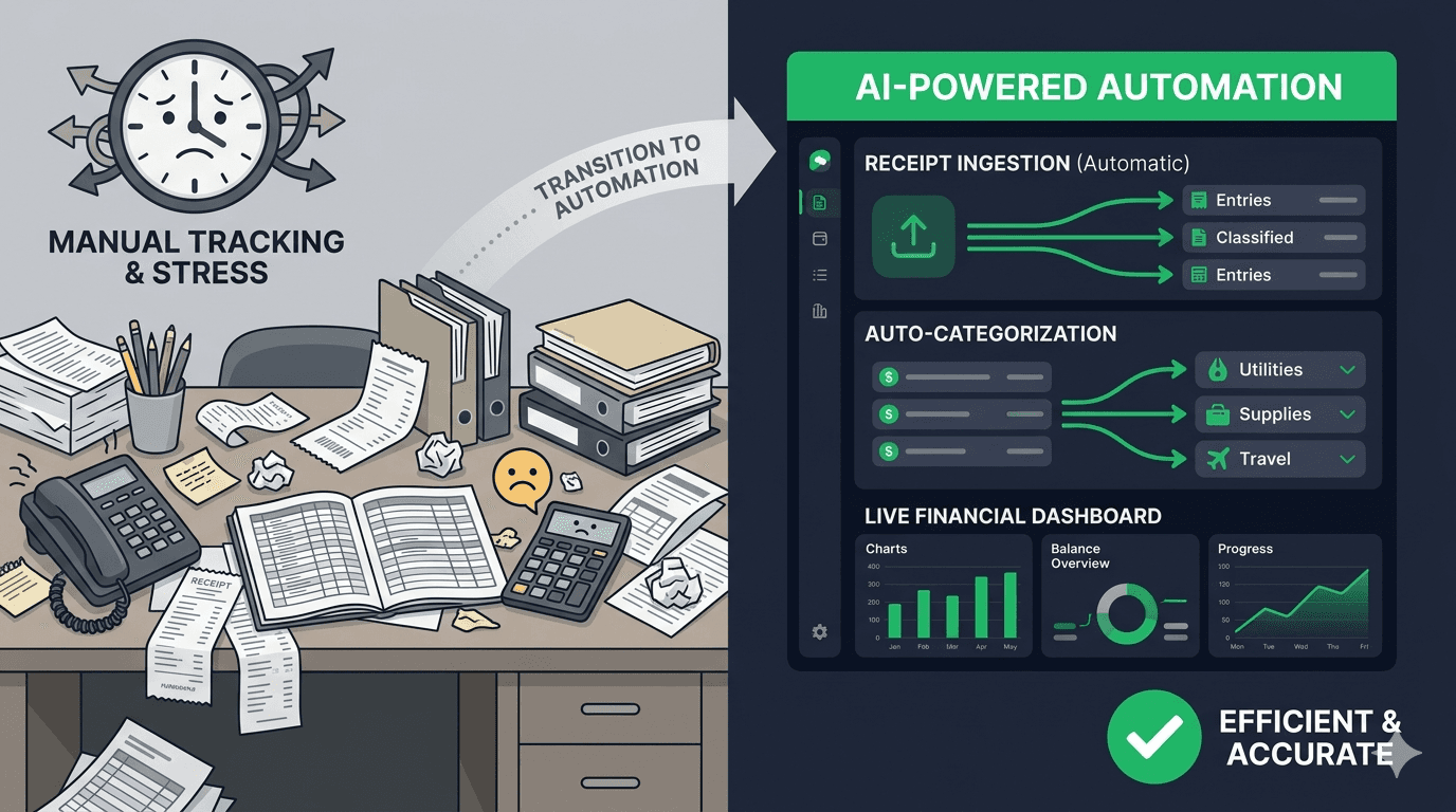 Before and after comparison of manual bookkeeping stress versus AI-powered automation with auto-categorization and live financial dashboard