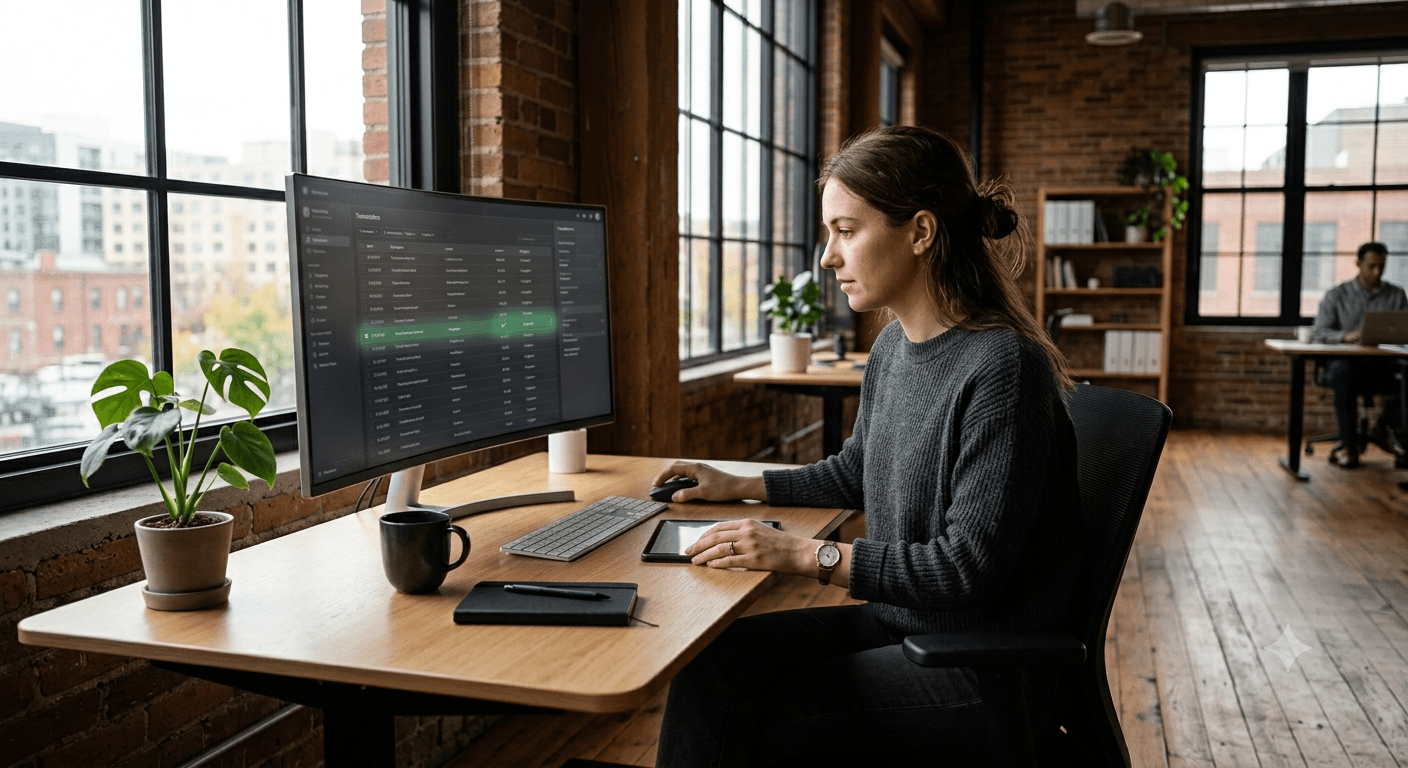 Startup finance lead reviewing AI-categorized transactions and a reconciliation status board in a bright office