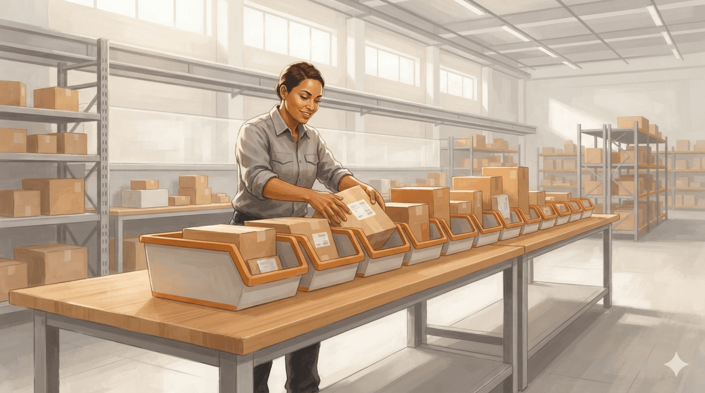 An Amazon seller seen from behind sorting a large pile of parcels into separate bins under warm warehouse light, representing the breakdown of a settlement deposit