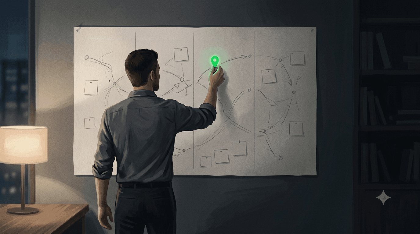Founder seen from behind pinning a single green route marker on a large wall-mounted year planner in a dim office