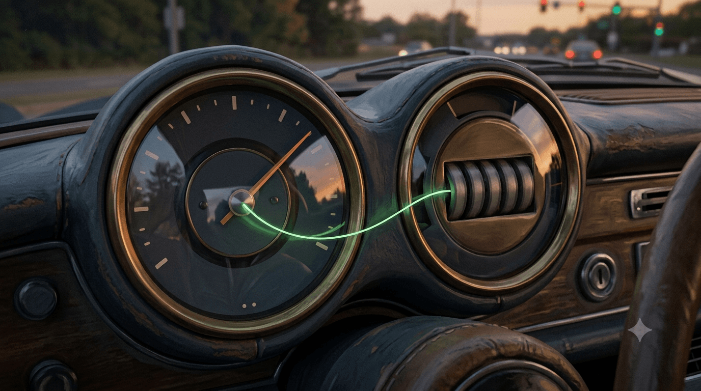 Two gauges on one dashboard pointing to different values, connected by a single green thread