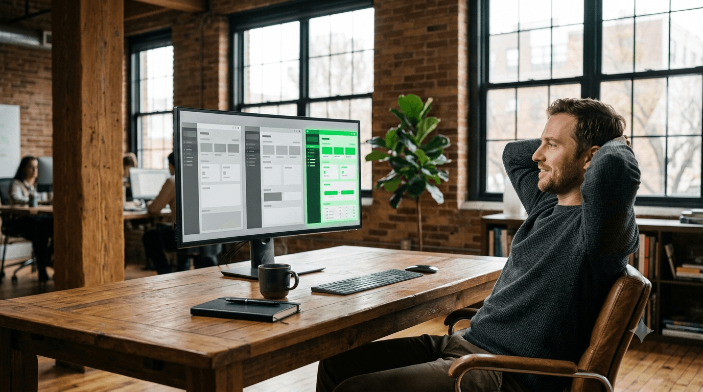 Startup founder comparing QuickBooks, NetSuite, and an AI finance team dashboard side by side during a planning session