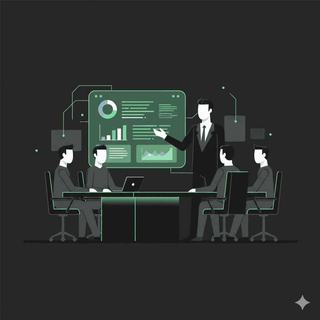 Founder presenting organized financial dashboard to investors in modern boardroom with green accent lighting