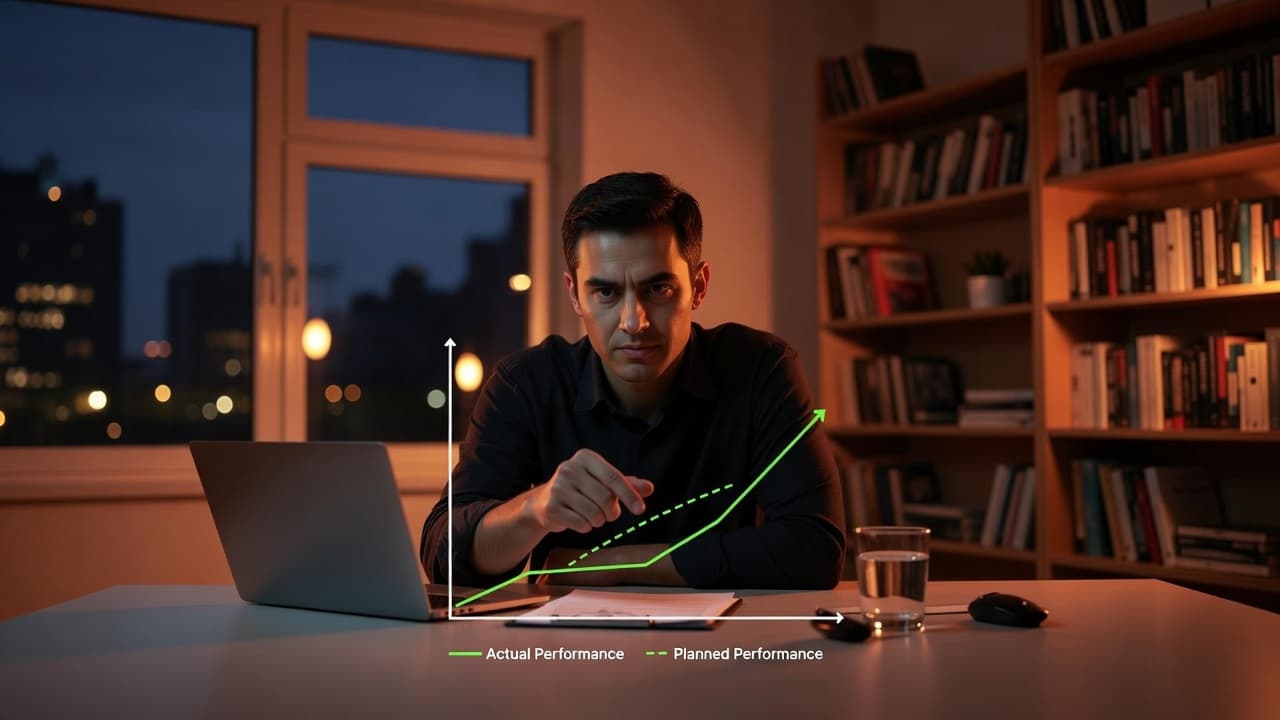 Founder studying a wall chart where the actual spending line diverges from the planned budget line