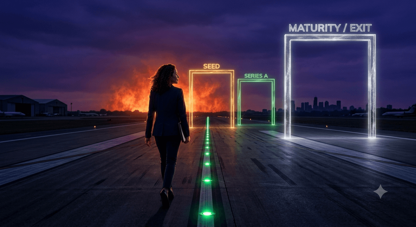 Founder walking a lit runway at dusk toward funding-stage milestones, illustrating burn rate and runway by stage