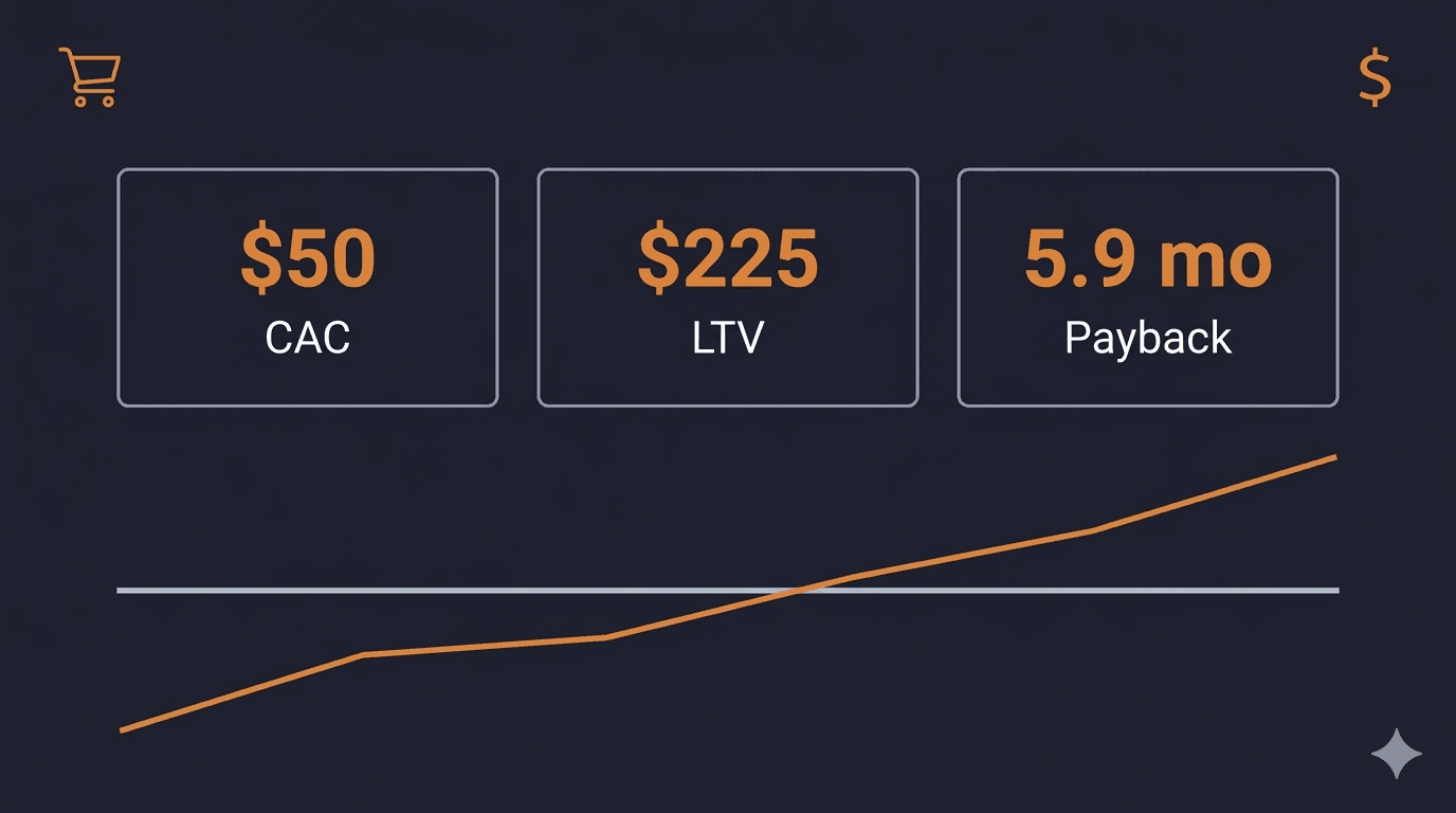 An ecommerce unit economics dashboard showing customer acquisition cost, lifetime value, and payback period calculations