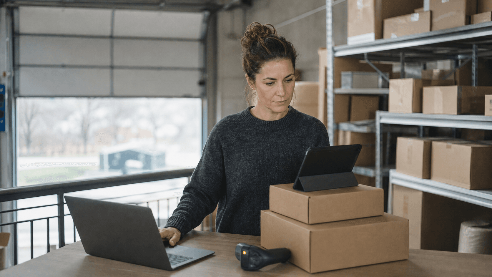 Warehouse operator reviewing a margin report on a tablet beside stacked inventory shelves