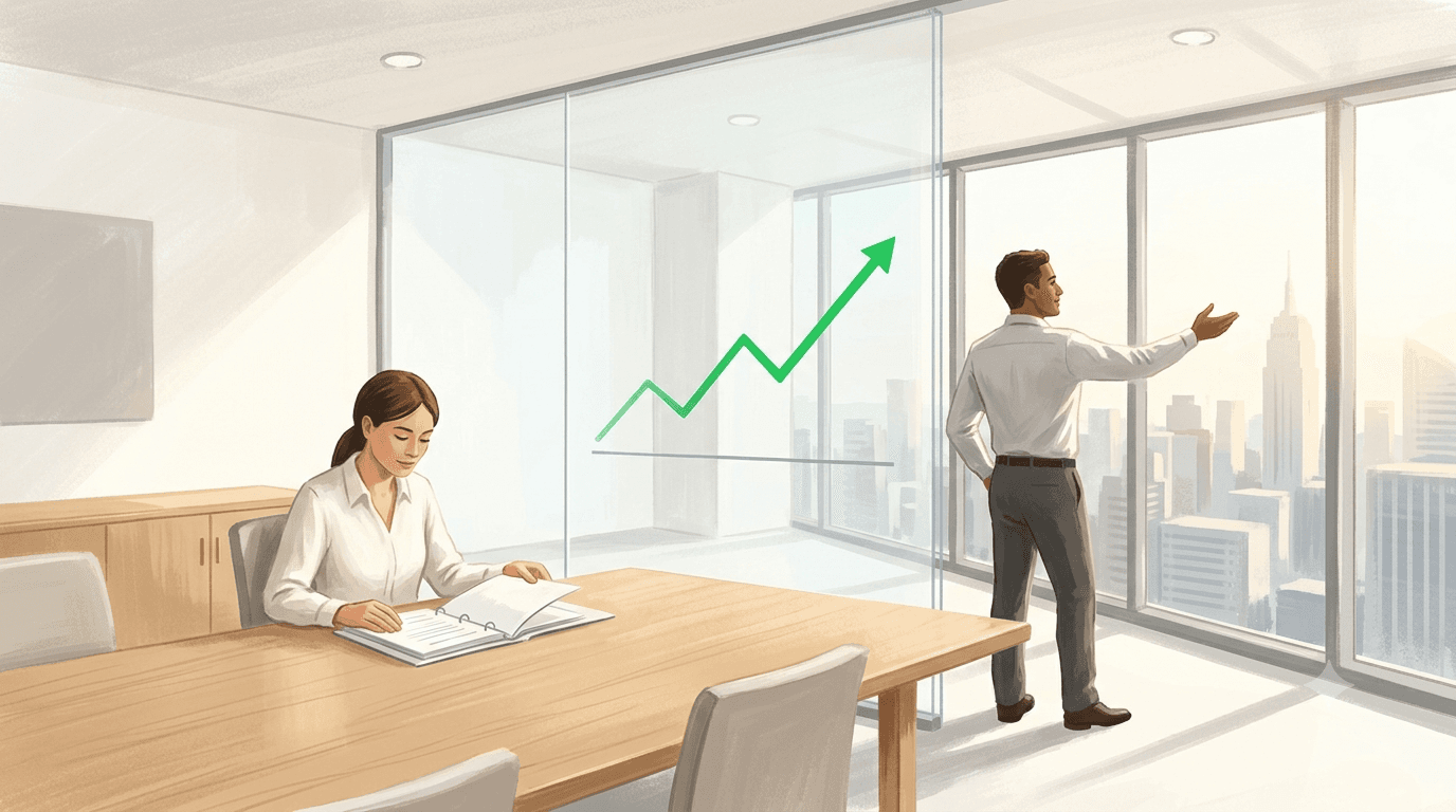 Two finance professionals viewed from behind at different floors of an office tower, one studying ledgers below while the other looks out over the city skyline