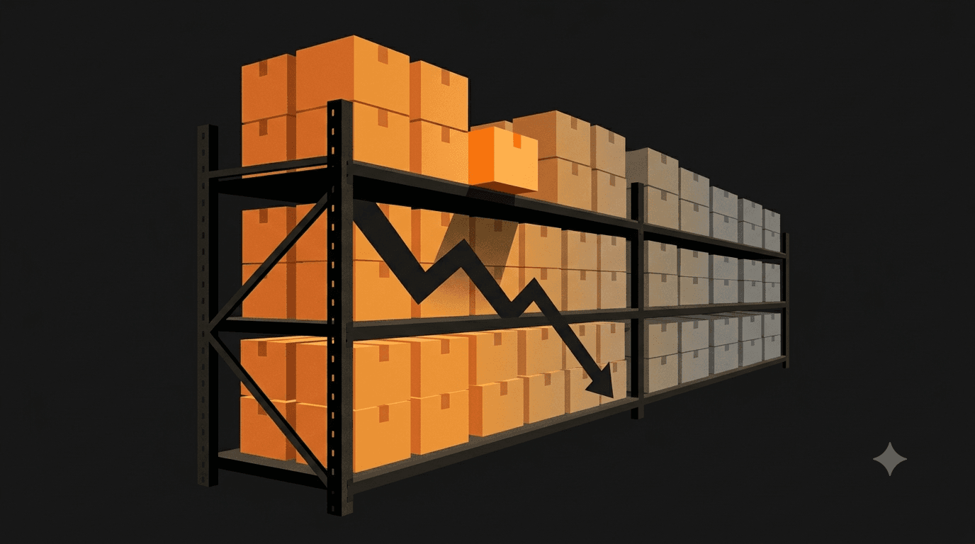 Warehouse shelf of unsold inventory with a declining cash line, representing dead stock