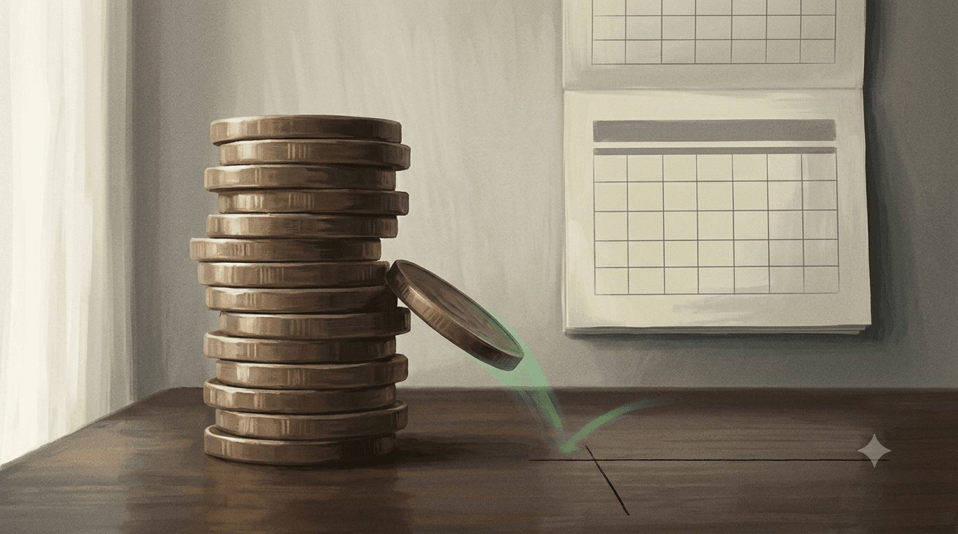 A tall stack of twelve identical coins beside a calendar, one coin sliding onto a ledger line highlighted in green