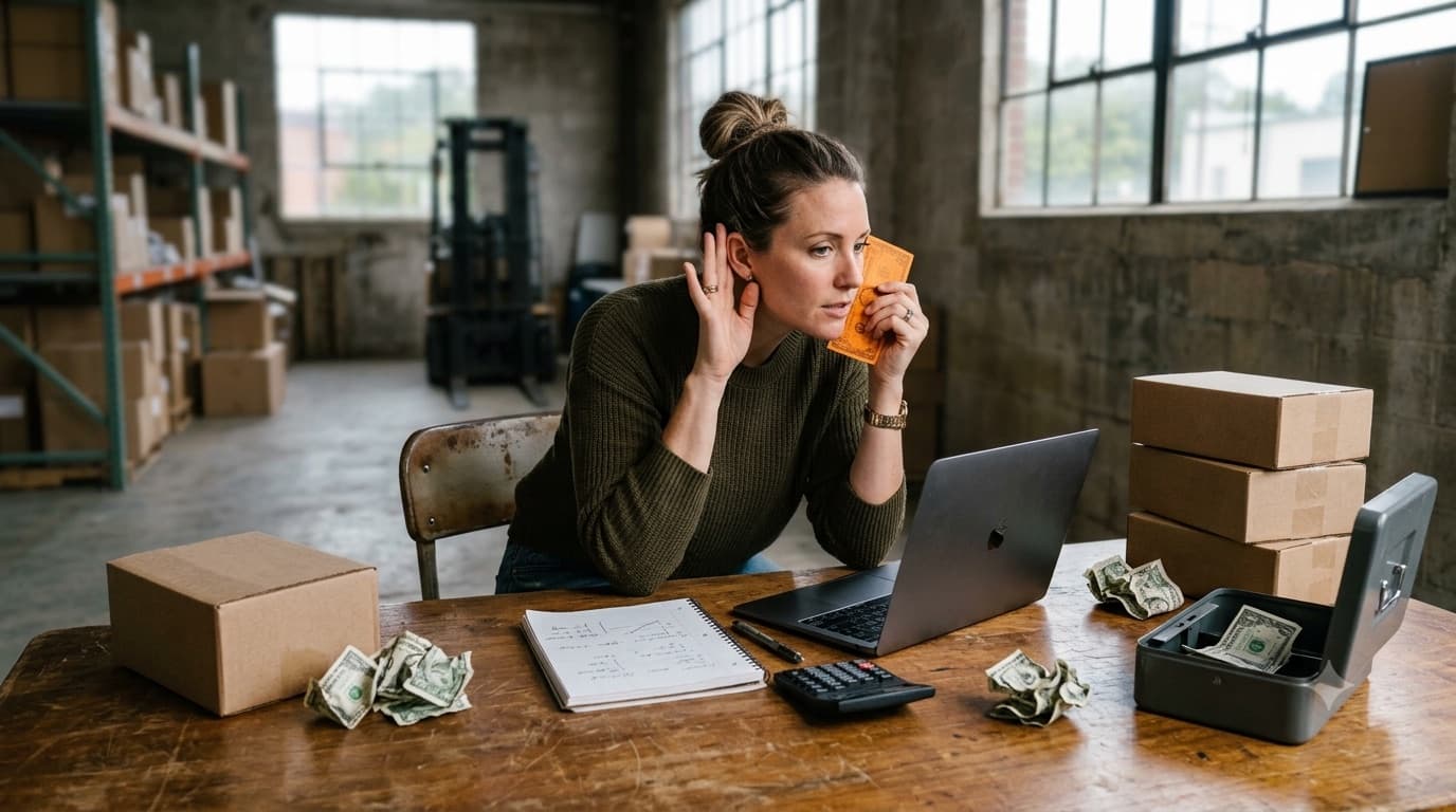 Ecommerce founder in a warehouse office holding an orange dollar bill to her ear, listening, with cash grouped beside shipping boxes, a laptop, and a cash box