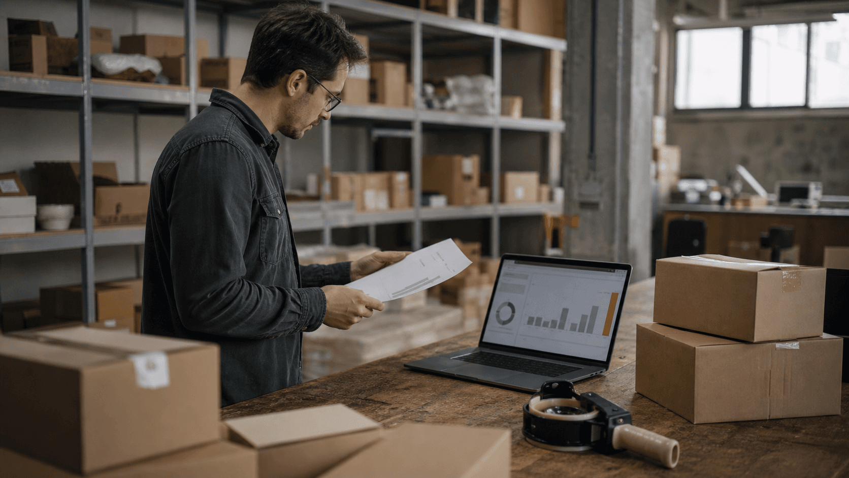 Ecommerce operator at a packing table reviewing a profit report, laptop and shipping boxes around them