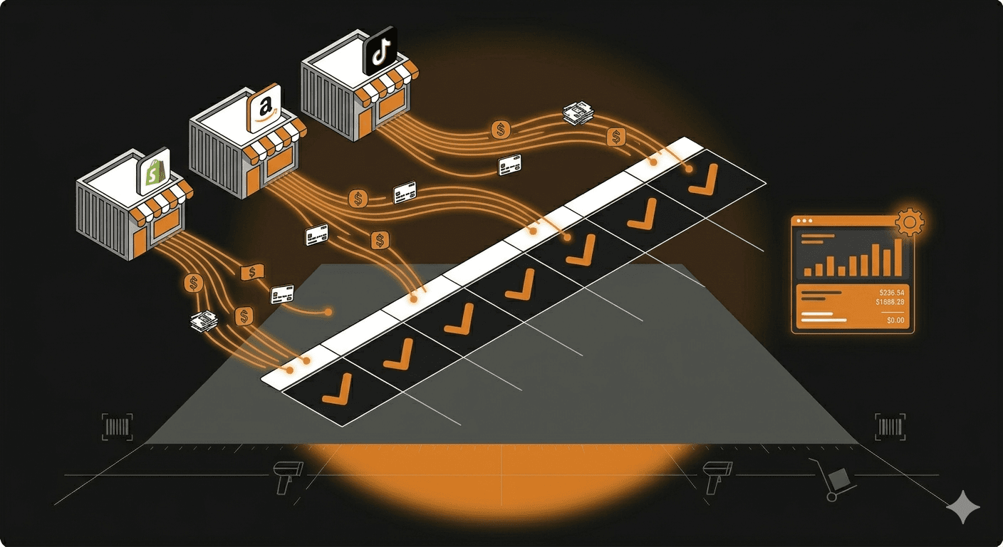 An organized ecommerce bookkeeping dashboard showing daily transaction categorization and profit tracking