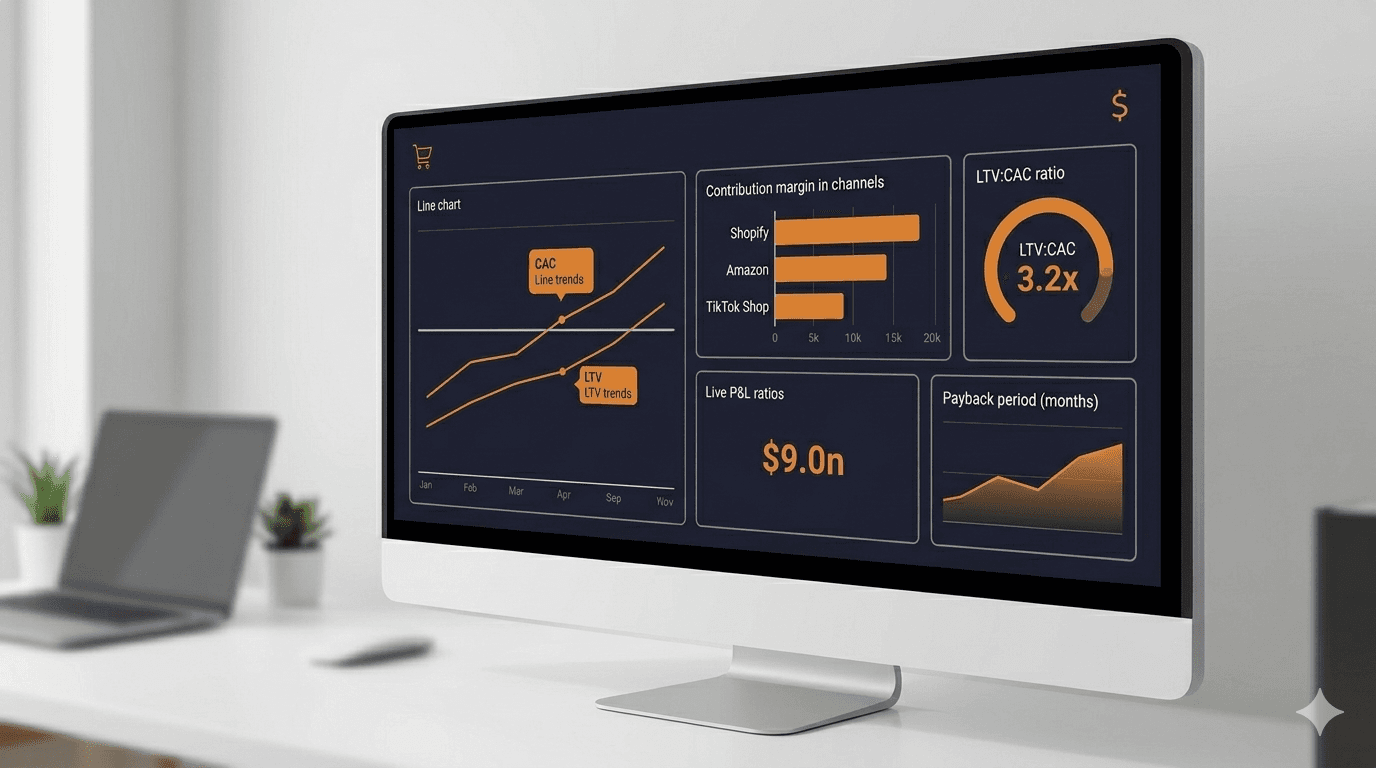 Unified ecommerce financial dashboard showing CAC, LTV, contribution margin, and payback period across multiple sales channels