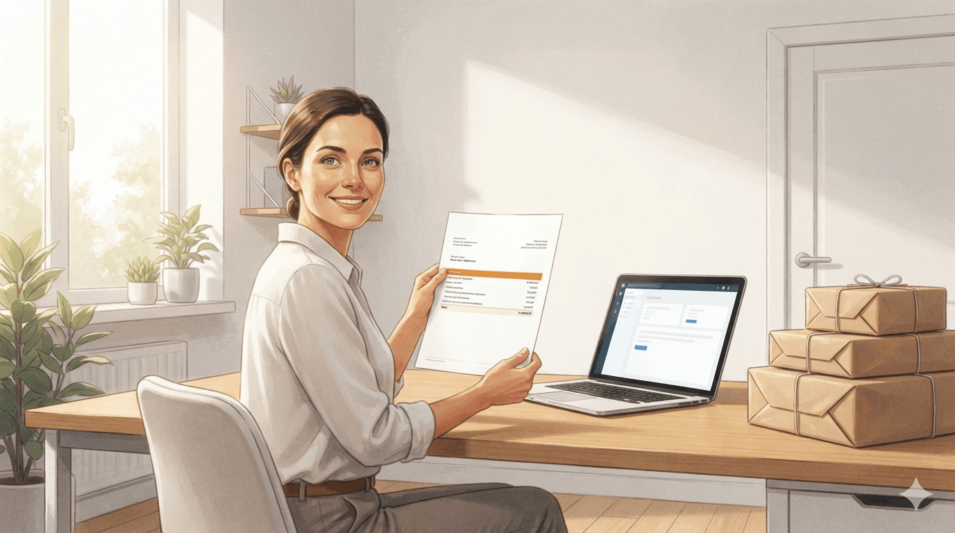 Merchant seen from behind reviewing a printed profit and loss statement at a desk surrounded by stacked shipping boxes in warm evening light