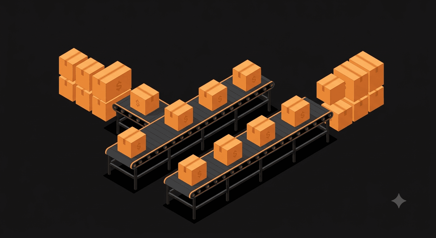 Stacked inventory boxes flowing through a warehouse in two directions, illustrating FIFO and LIFO cost flow for ecommerce sellers