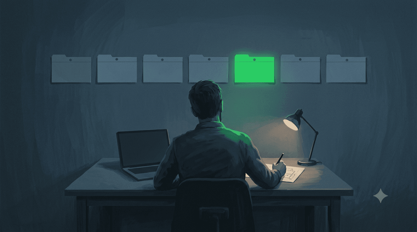 Founder at a desk building a seven-tab startup financial model, one green cell glowing on the screen