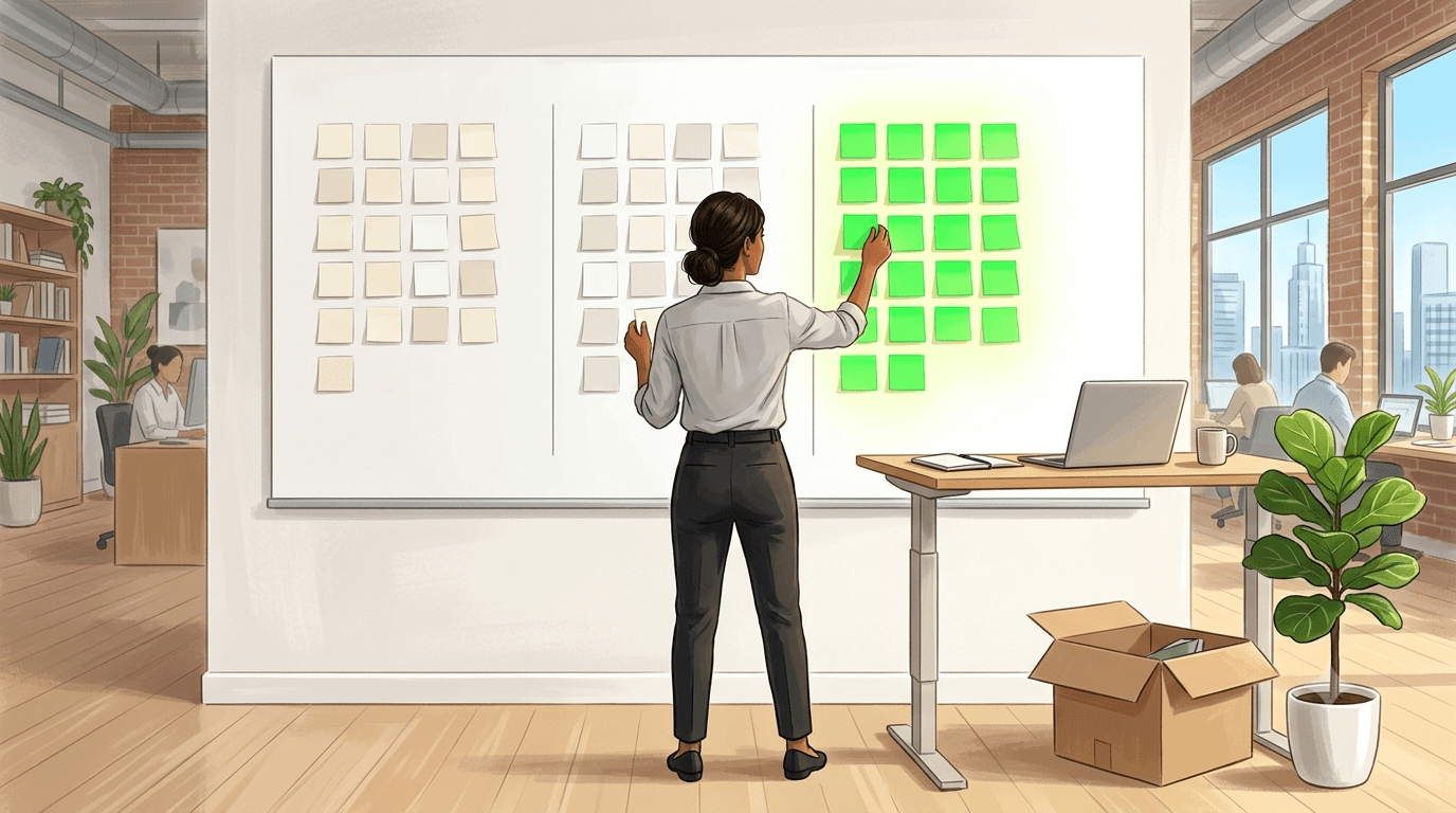 A new startup CFO seen from behind, organizing a wall of scattered financial papers into one clear green ledger line