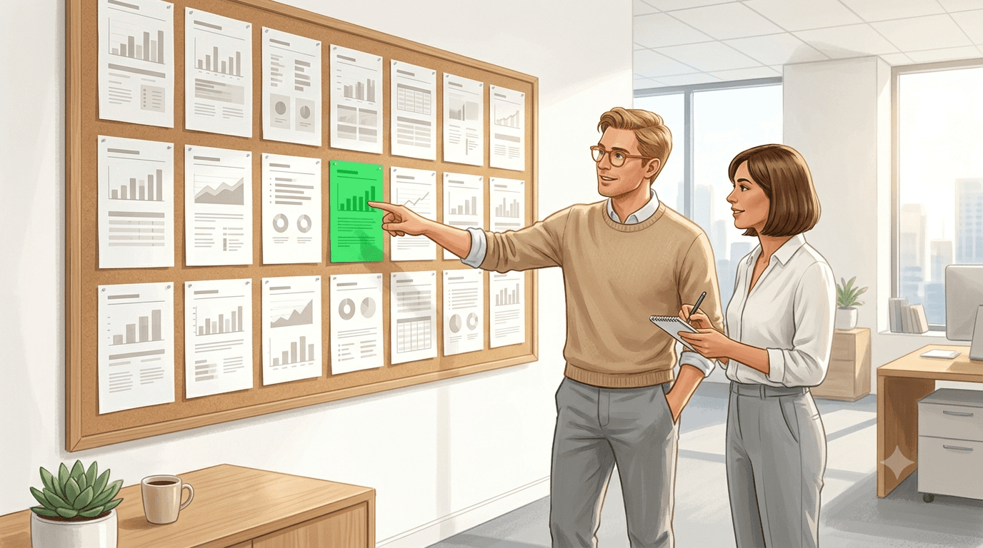Founder standing before a wall of monthly financial statements, one line glowing where the numbers moved