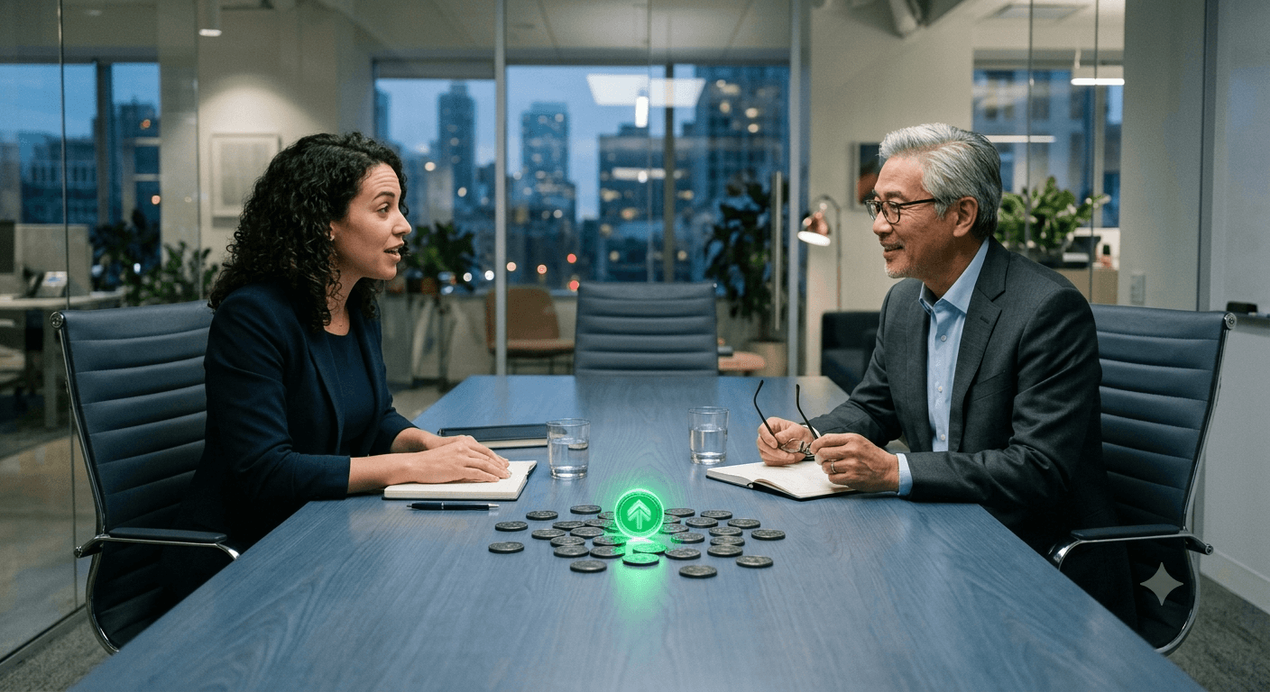 Fractional CFO advising a startup founder across a meeting table about engagement rates