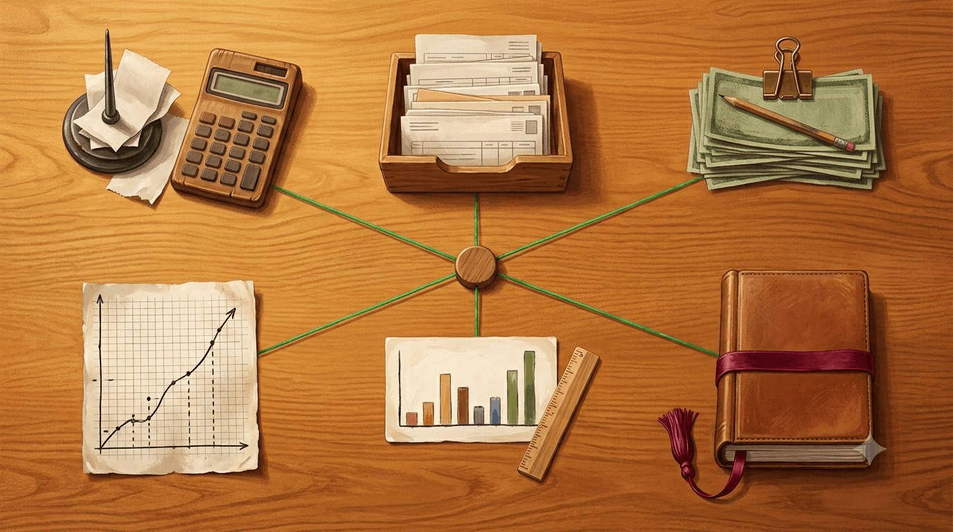 Head of finance at a standing desk orchestrating six AI agent workstreams shown as cards on a wall display