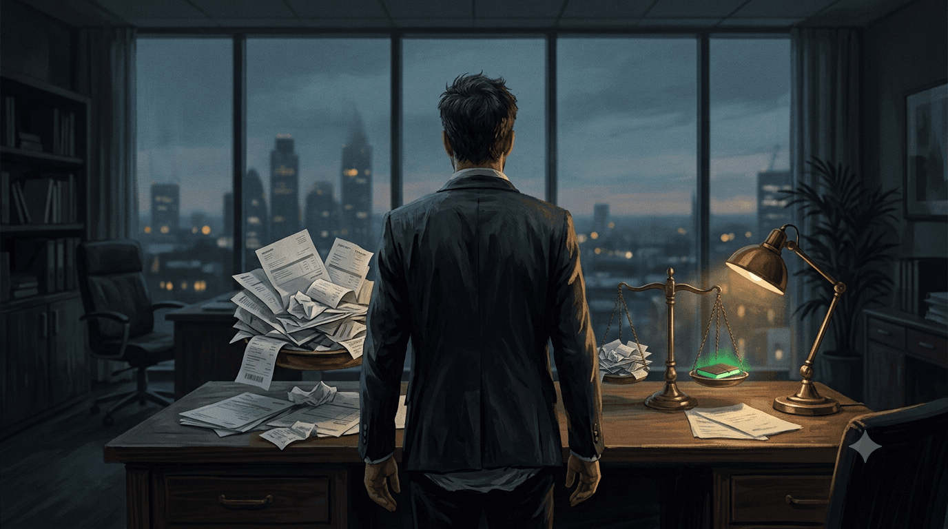 Founder seen from behind weighing a single glowing green ledger against a tall stack of invoices and receipts on a scale in a dim office