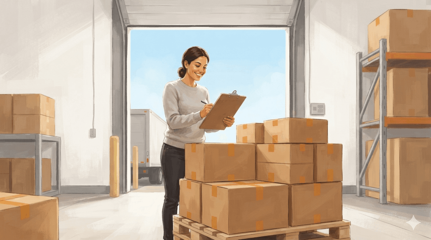 Warehouse operator seen from behind counting inventory cartons under warm evening light, a clipboard in hand, symbolizing the physical inputs behind a COGS calculation