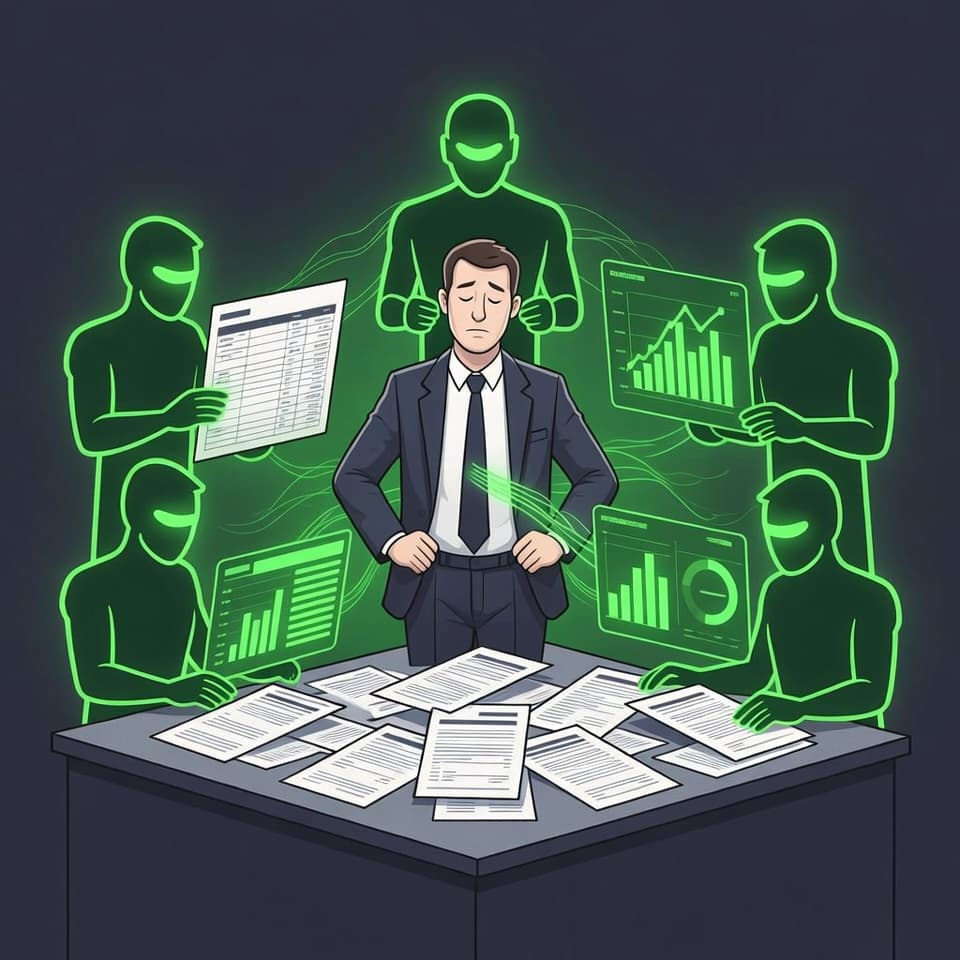 Illustration of a founder acting as the manual integration layer between disconnected finance tools, with data flowing through their hands instead of through software