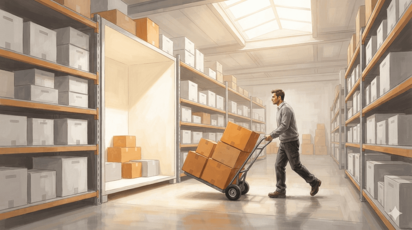 Operator seen from behind in a warehouse aisle at dusk, checking stacked pallets where some bays sit full and one stands empty, showing stock moving at different speeds