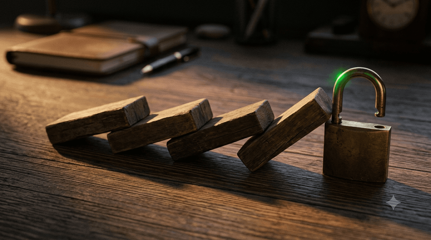 Five wooden blocks in a row being toppled in sequence like dominoes toward a padlock, the final block glowing green