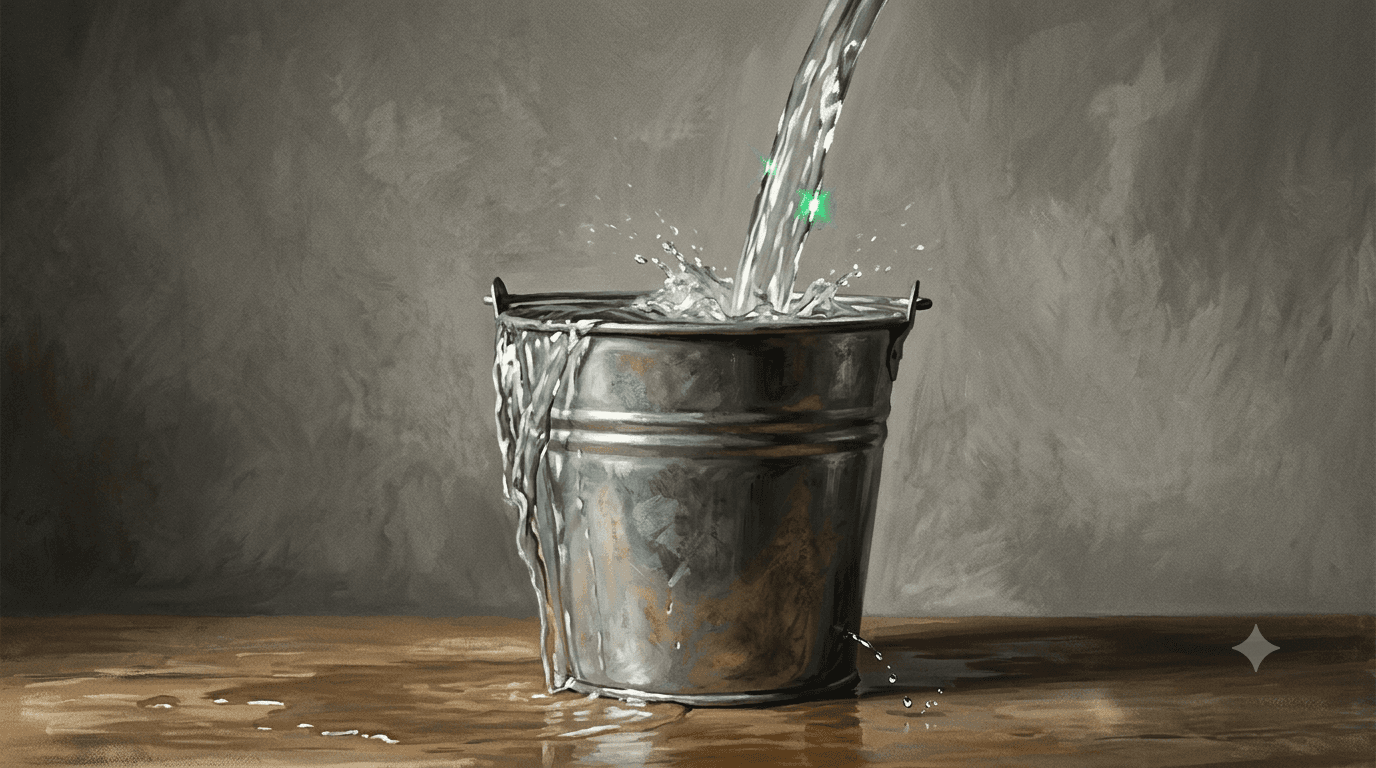 A bucket holding water steadily while a second stream pours in from above, the inflow catching a green glint