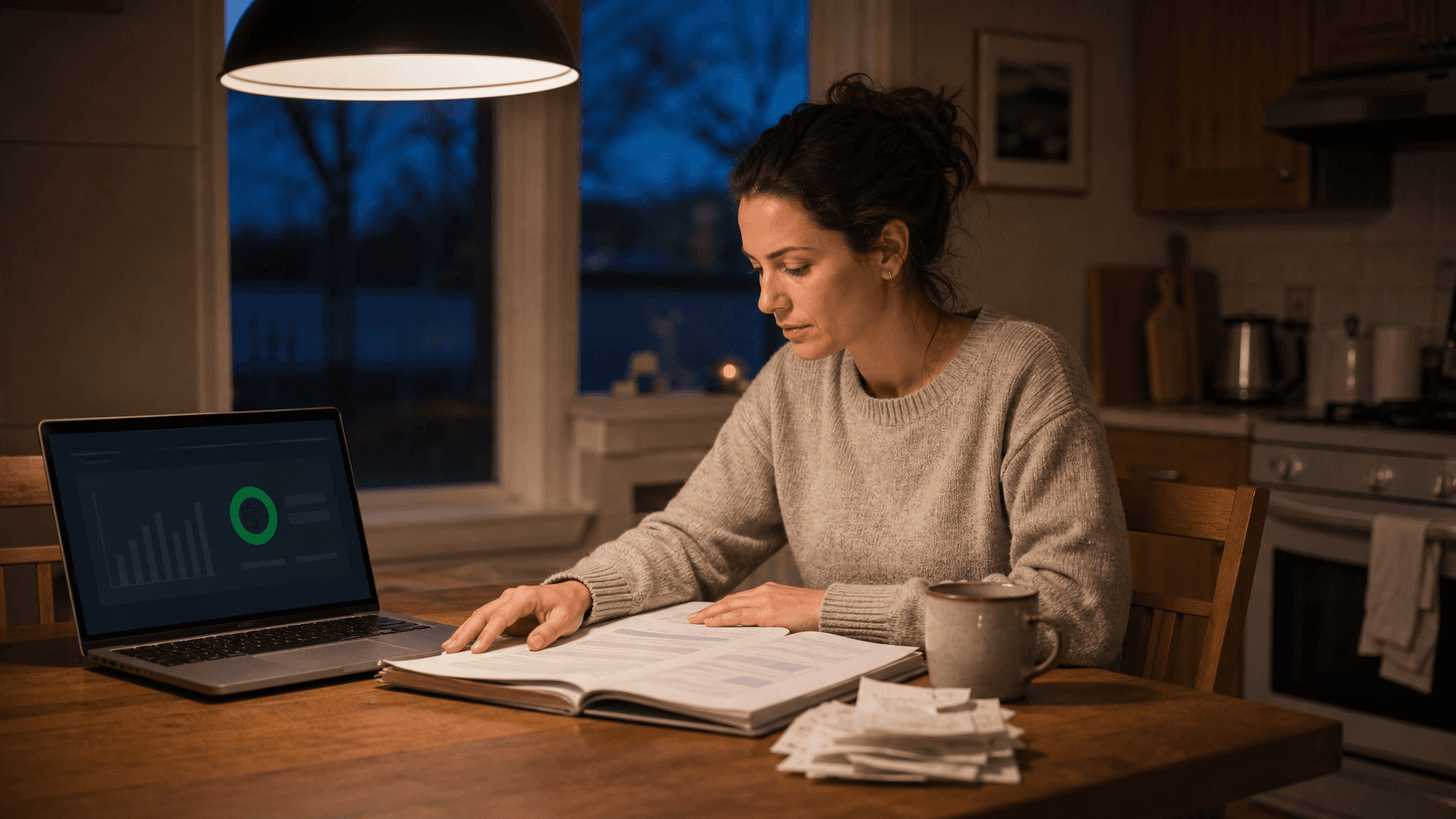 Founder at a kitchen table late in the evening reviewing a month-end close packet on a laptop, receipts stacked beside a single green highlighted figure