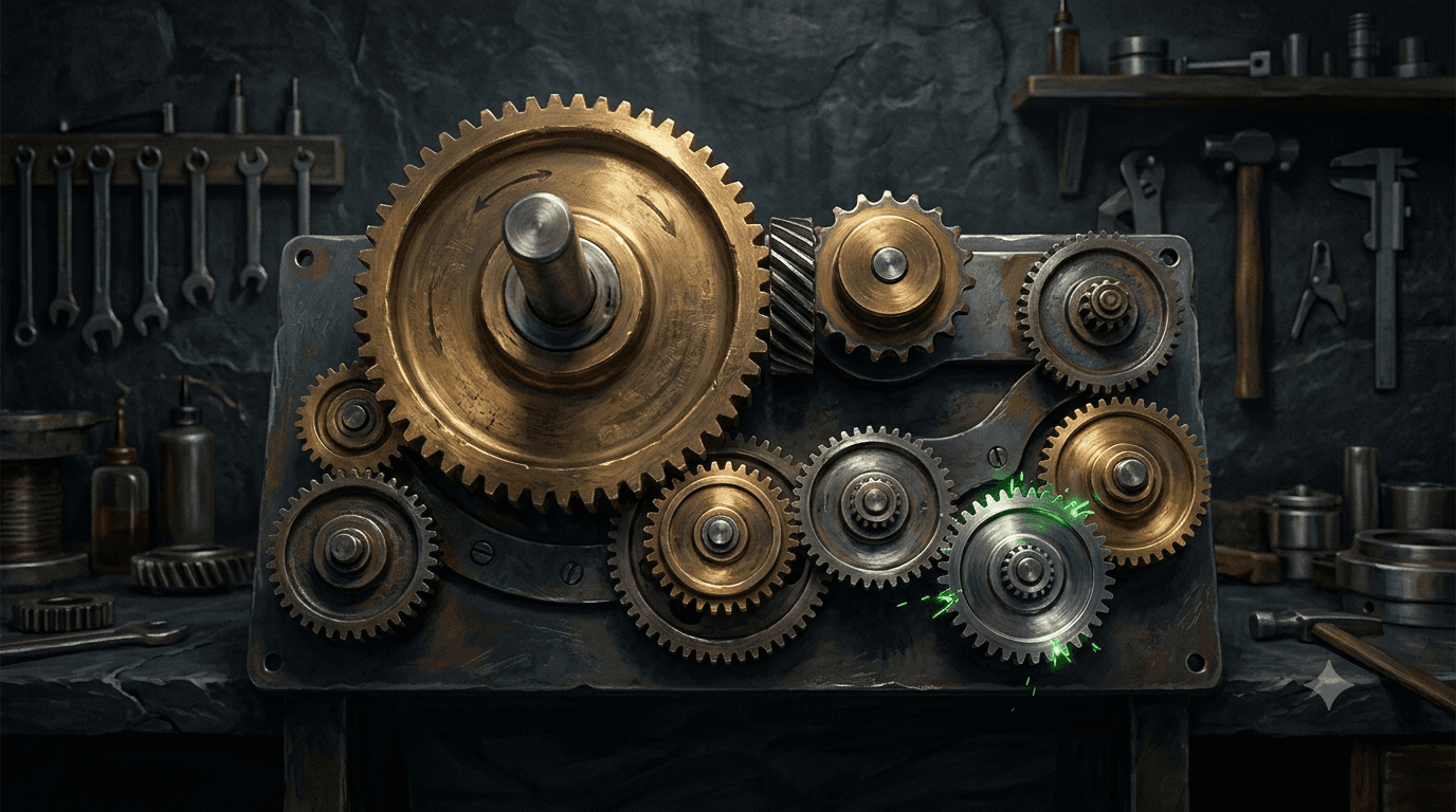 A single large gear turning several smaller labeled gears, one gear tooth marked in green