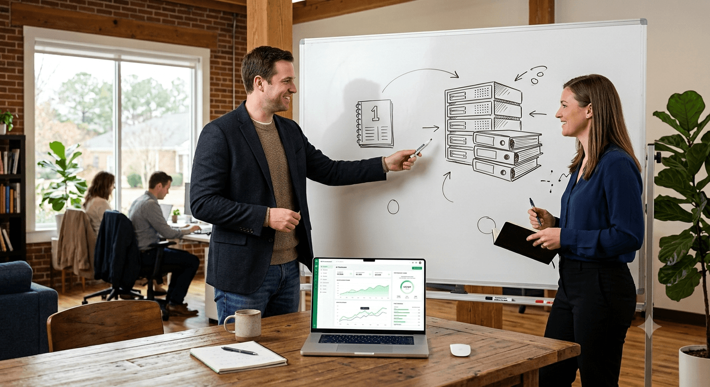 Founder and finance lead comparing QuickBooks and NetSuite options on a whiteboard while an AI finance dashboard runs on a laptop between them