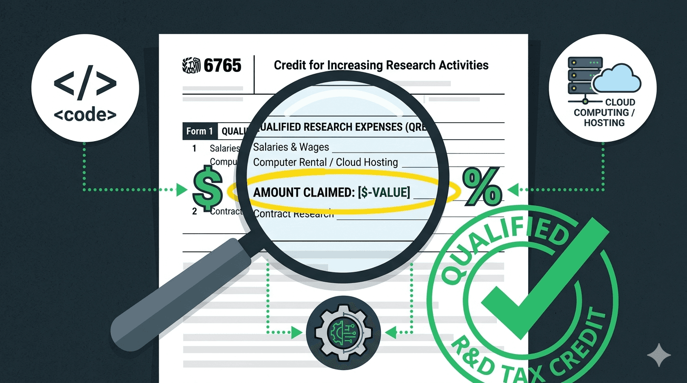 IRS Form 6765 with magnifying glass highlighting qualified research expenses, surrounded by code and cloud computing icons with a Qualified R&D Tax Credit stamp