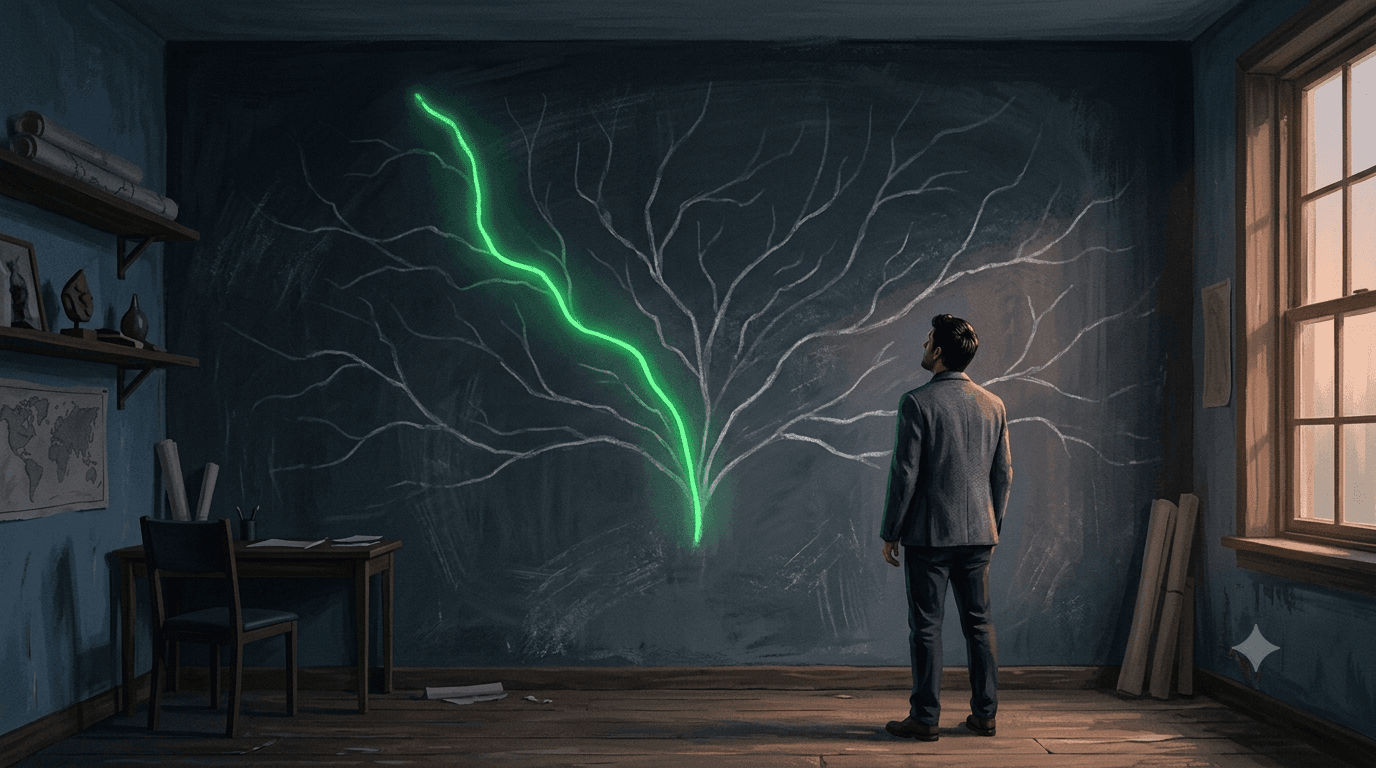Founder seen from behind studying a wall of diverging forecast curves, one path lit in green